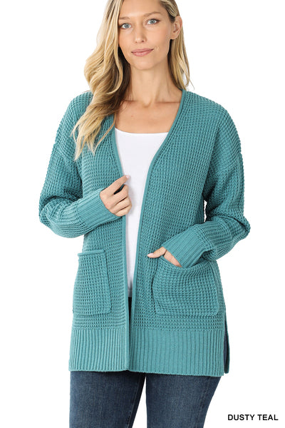 Waffle Knit Cardi in Dusty Teal