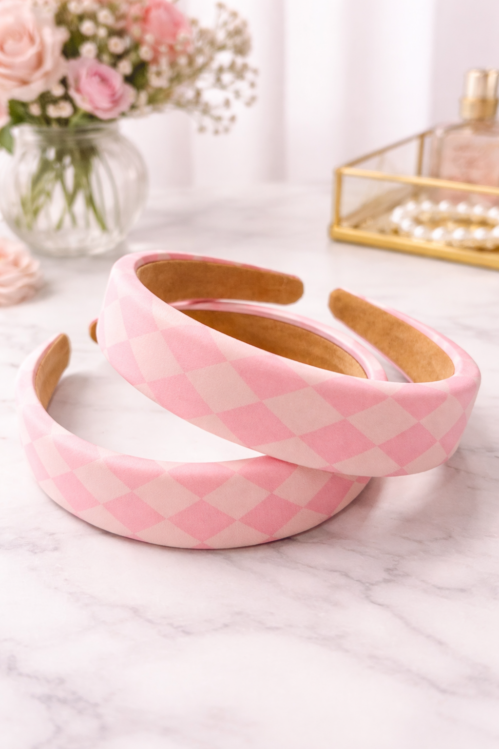 Pink Gingham Padded Headband