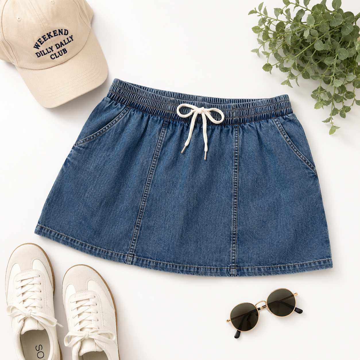 Washed Chambray Skort with Elastic Waist & Side Pockets