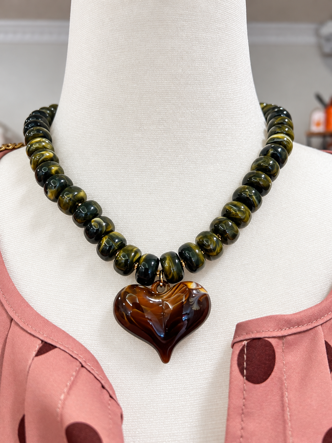 Midnight Olive & Amber Heart Statement Necklace