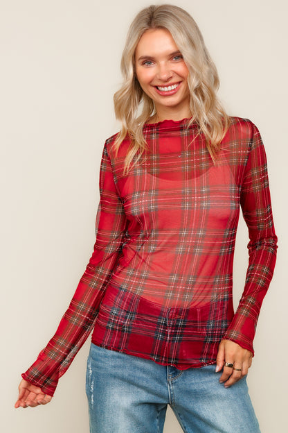 Holly Check Mesh Layering Top – Red Plaid