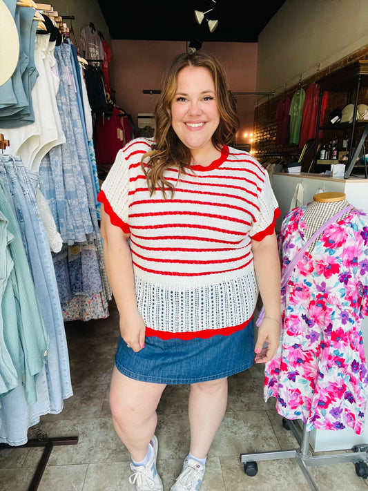 Stripes & Ruffles short sleeve Sweater Top