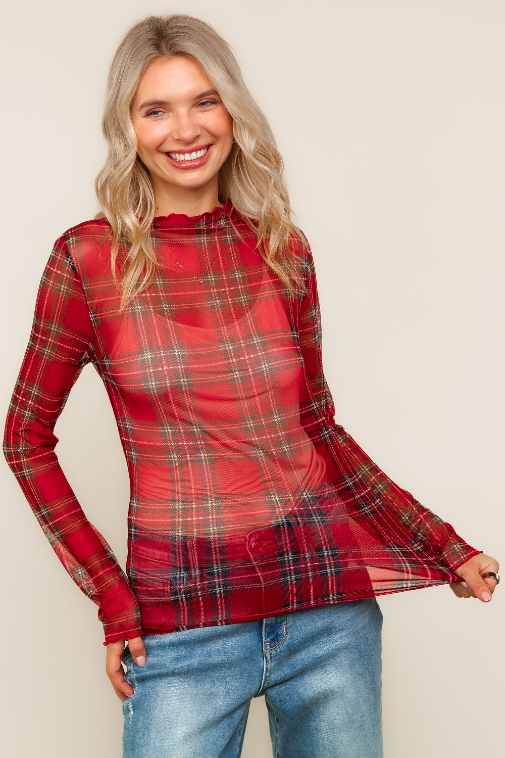 Holly Check Mesh Layering Top – Red Plaid