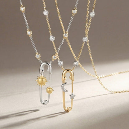 Sun & Moon safety pin necklace