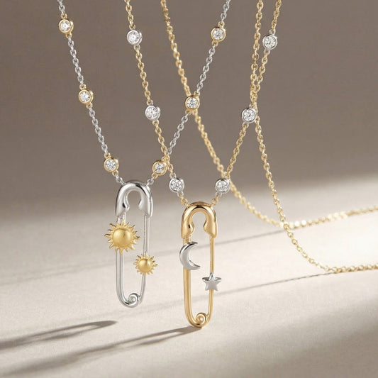 Sun & Moon safety pin necklace