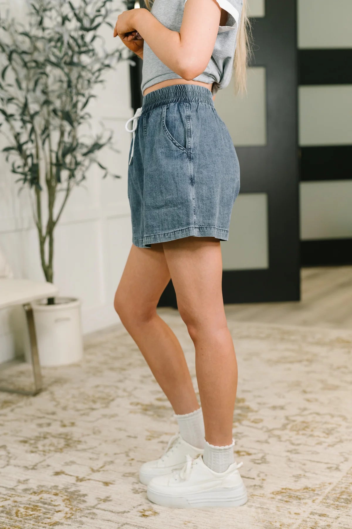 Washed Chambray Skort with Elastic Waist & Side Pockets