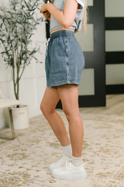 Washed Chambray Skort with Elastic Waist & Side Pockets