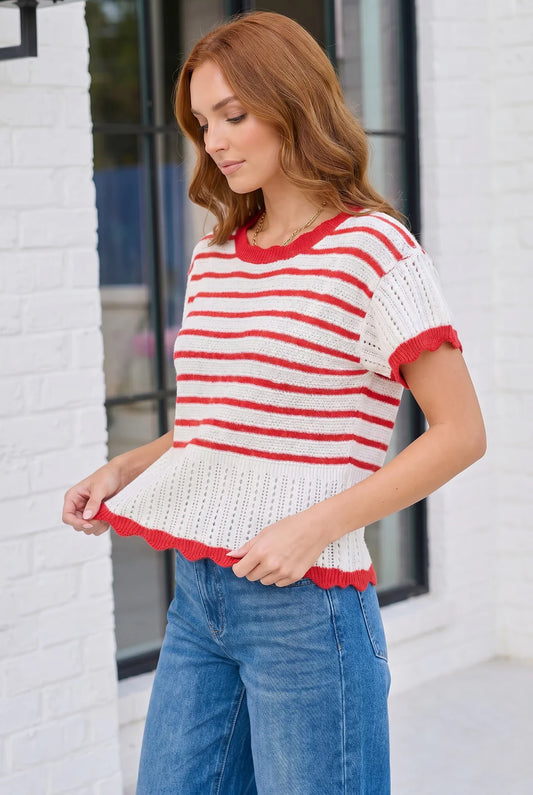 Stripes & Ruffles short sleeve Sweater Top