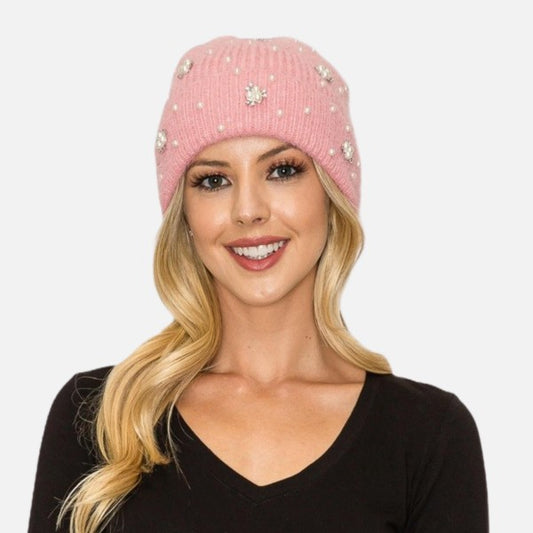 Fuzzy Knit Rhinestone & Pearl Beanie