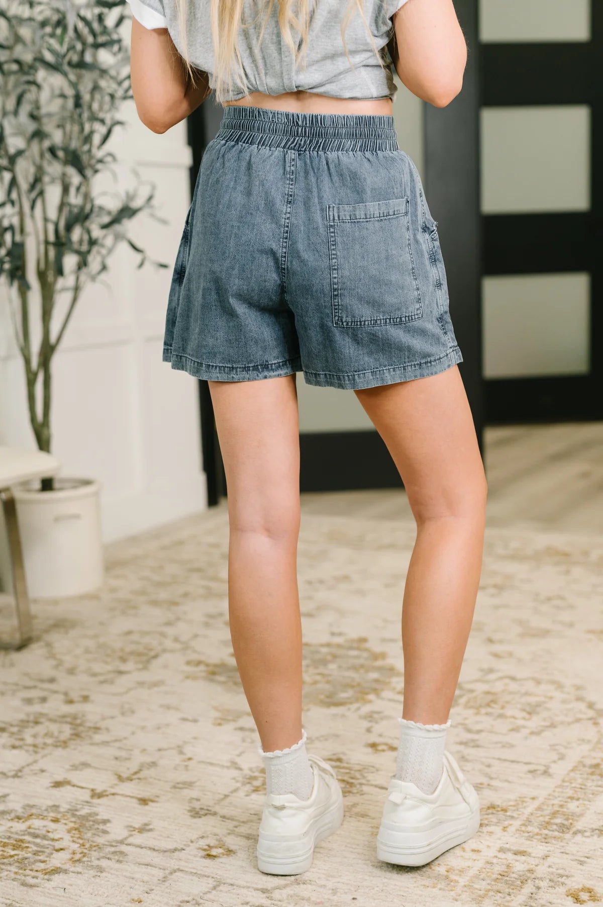 Washed Chambray Skort with Elastic Waist & Side Pockets