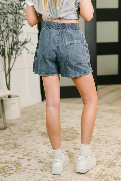 Washed Chambray Skort with Elastic Waist & Side Pockets