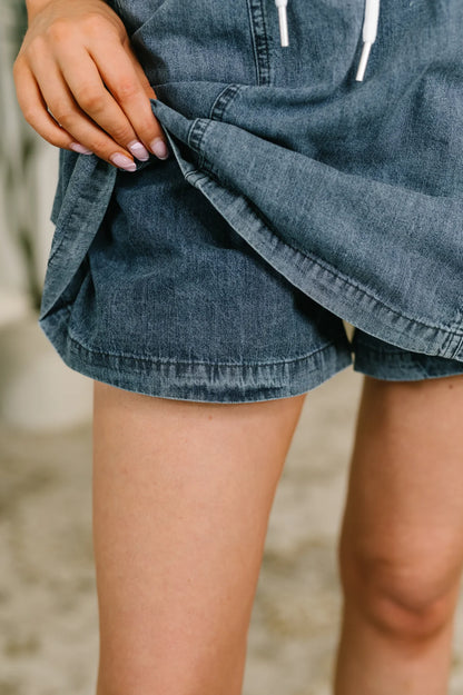 Washed Chambray Skort with Elastic Waist & Side Pockets