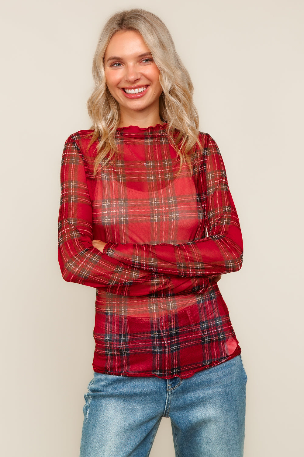 Holly Check Mesh Layering Top – Red Plaid