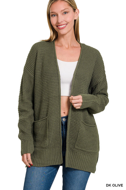Waffle Cardigan In Olive