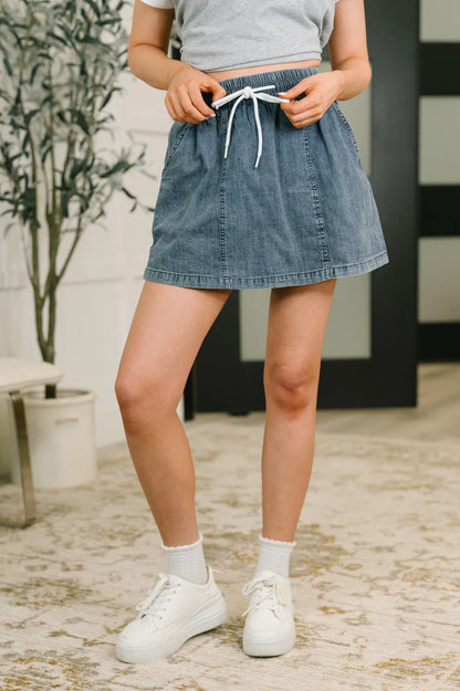 Washed Chambray Skort with Elastic Waist & Side Pockets