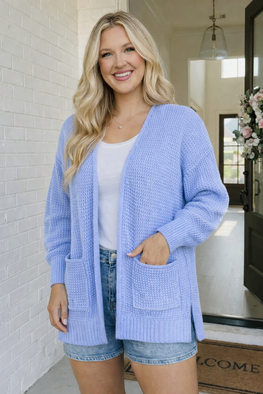Coastal Waffle Cardi - cornflower