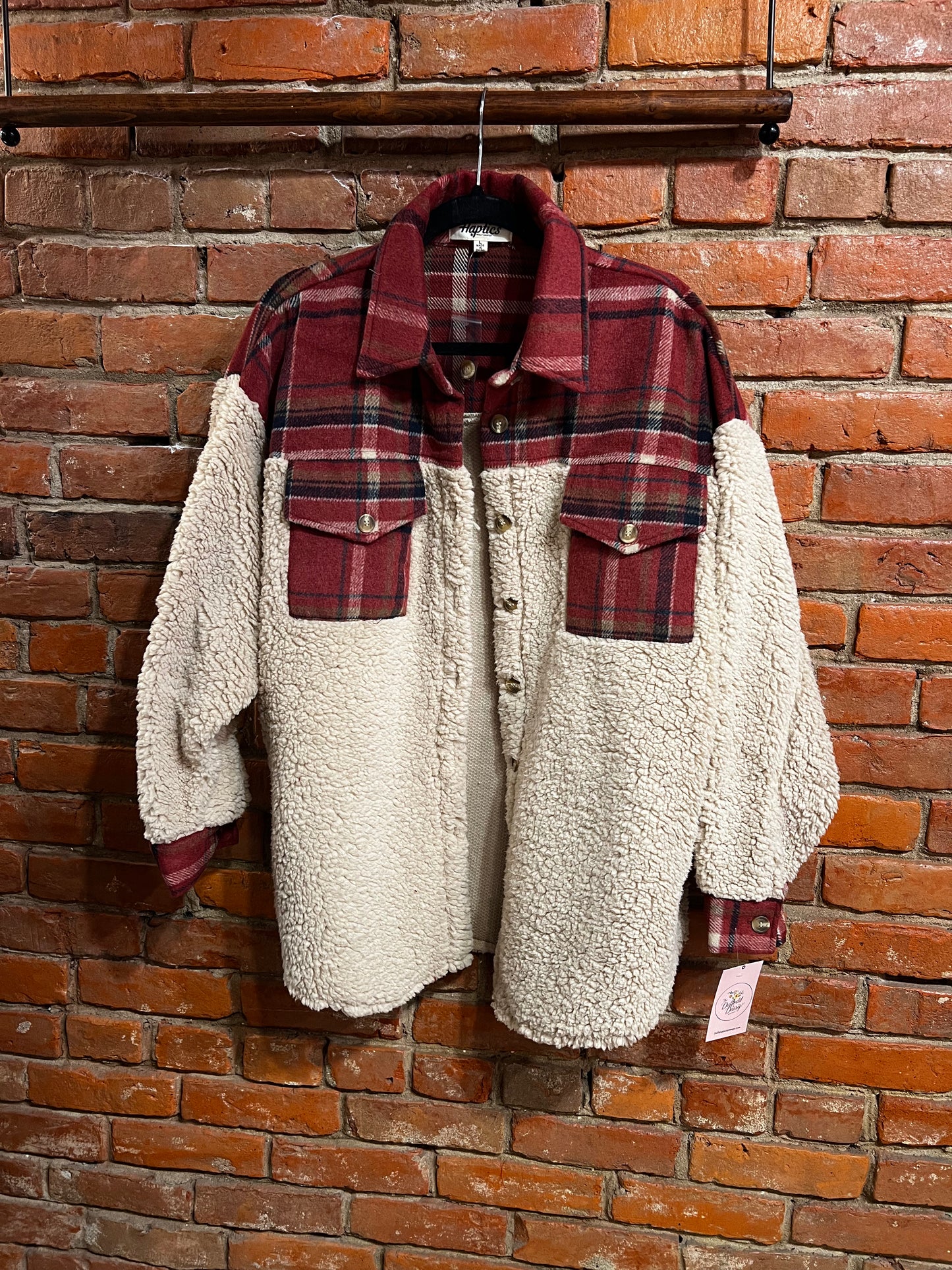 Taupe & Garnet Sherpa Plaid Colorblock Shacket