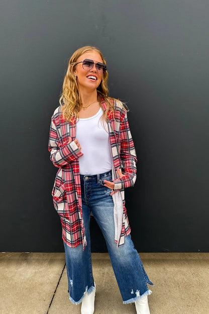 Cozy Plaid & Waffle Mix Cardigan — with Thumbholes!