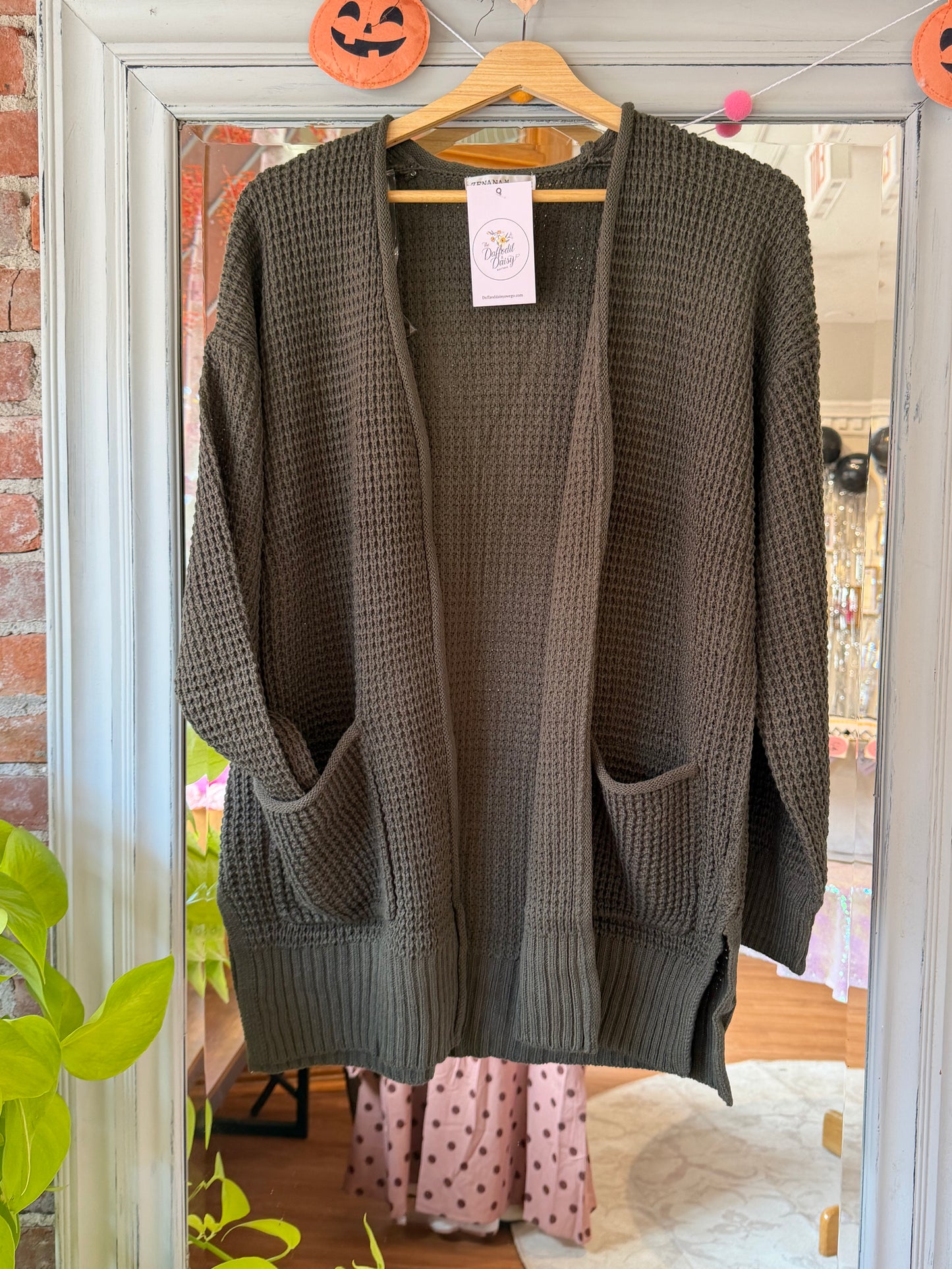Waffle Cardigan In Olive