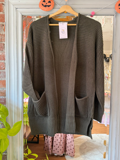 Waffle Cardigan In Olive
