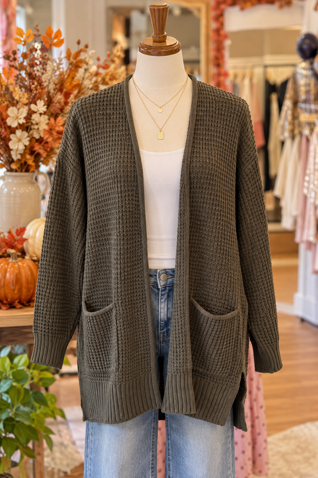 Waffle Cardigan In Olive