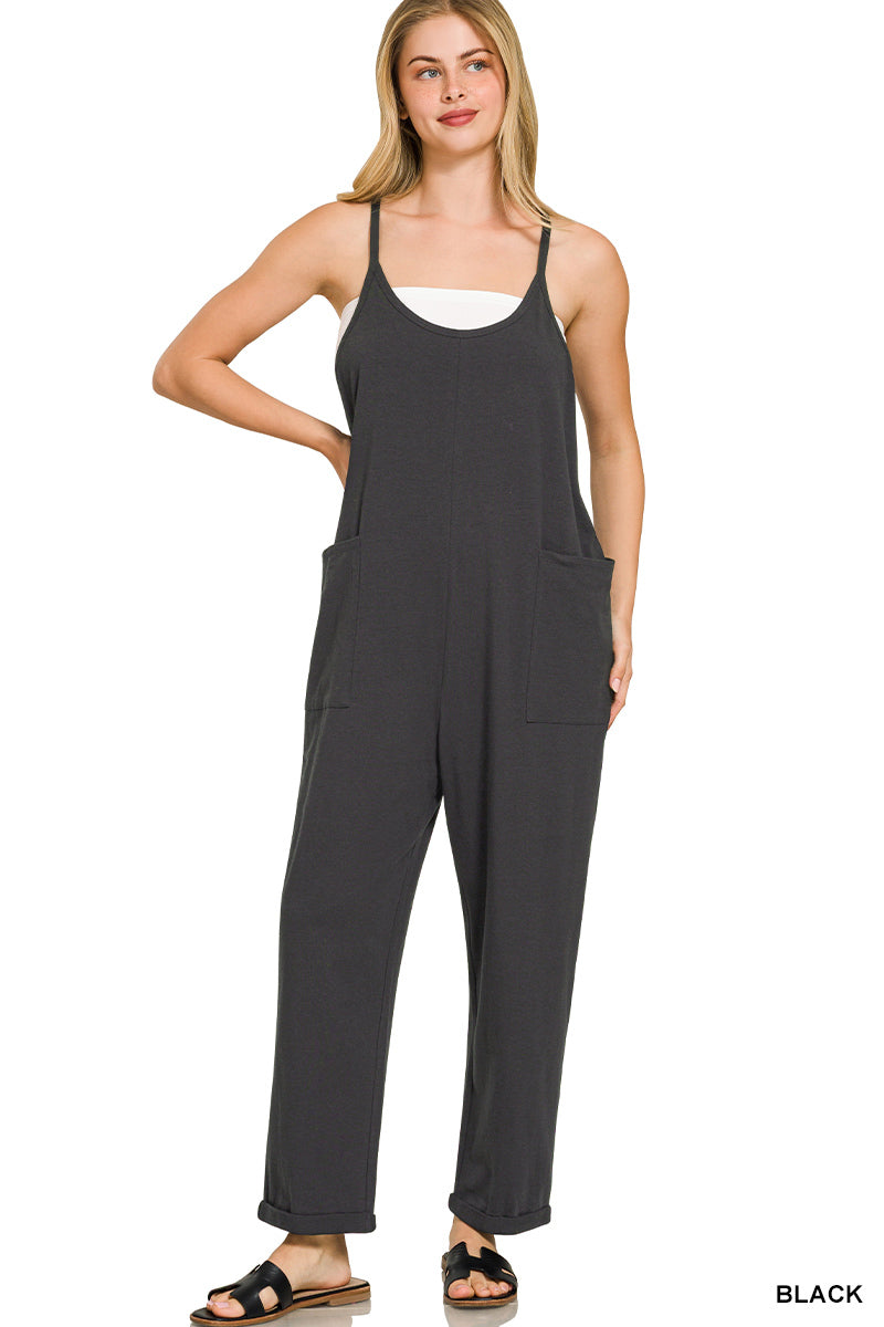 Spaghetti Strap Pocketed Jumpsuit - Black
