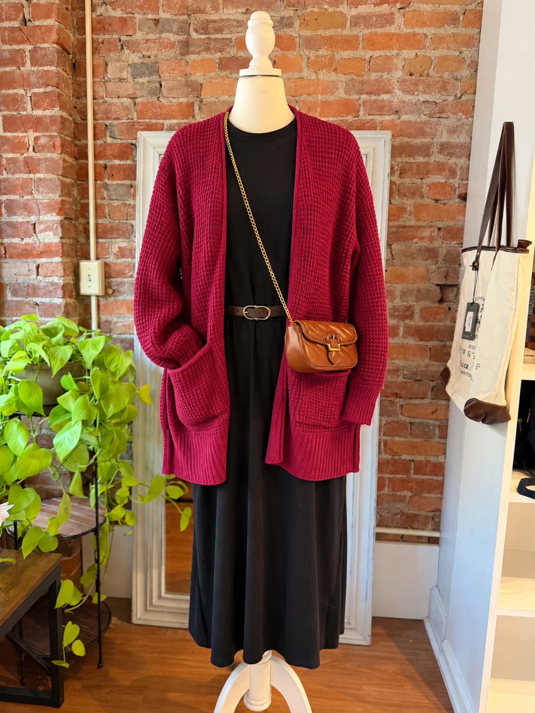 Waffle Cardigan In Cabernet