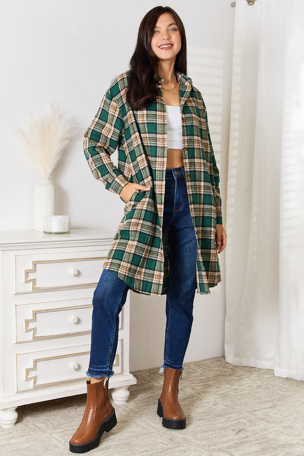 Evergreen Plaid Shirt Dress